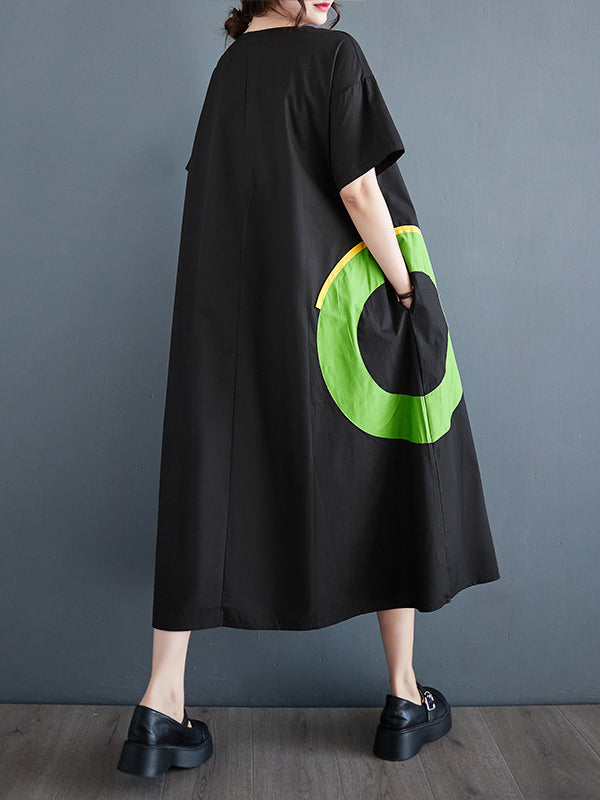 Loose Short Sleeves Contrast Color Pockets Printed Round-neck Midi Dresses