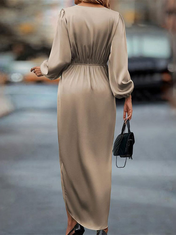 Loose Puff Sleeves Pleated Color Split-joint V-neck Midi Dresses
