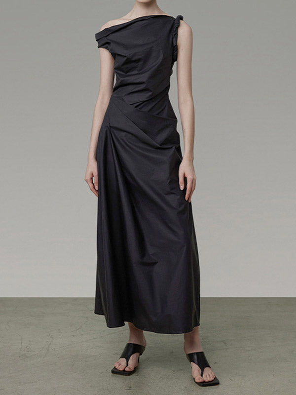 A-line High Waisted Asymmetric Color One-shoulder Midi Dresses