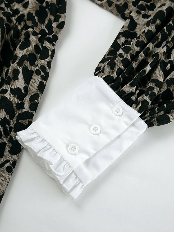 Puff Sleeves Contrast Color Falbala Leopard Split-joint Mini Dresses