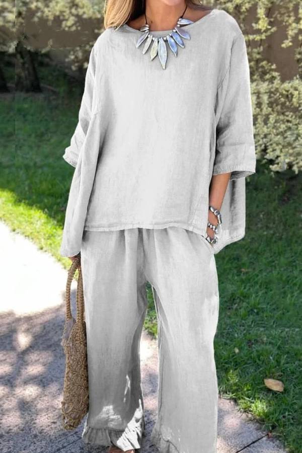 Color Loose Top & Pants Cotton Linen Two-piece Set