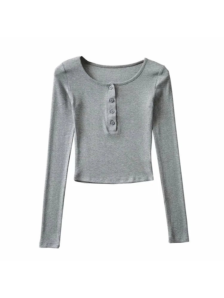 ’s Spring Autumn Slim Crop Tops Color Long Sleeve Button Down T-shirt Basic Tee Harajuku Tops
