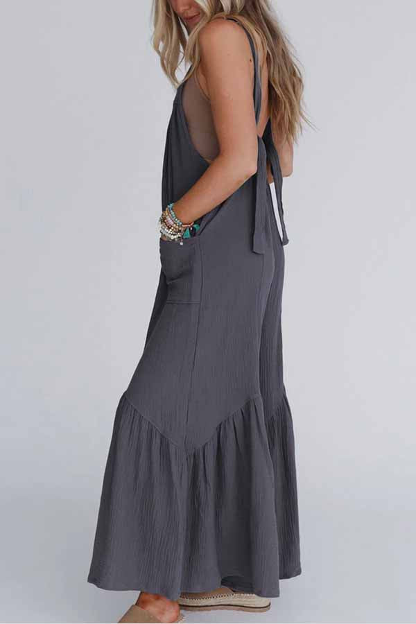 Grey Color Sleeveless Flare Leg Jumpsuit With Pockets