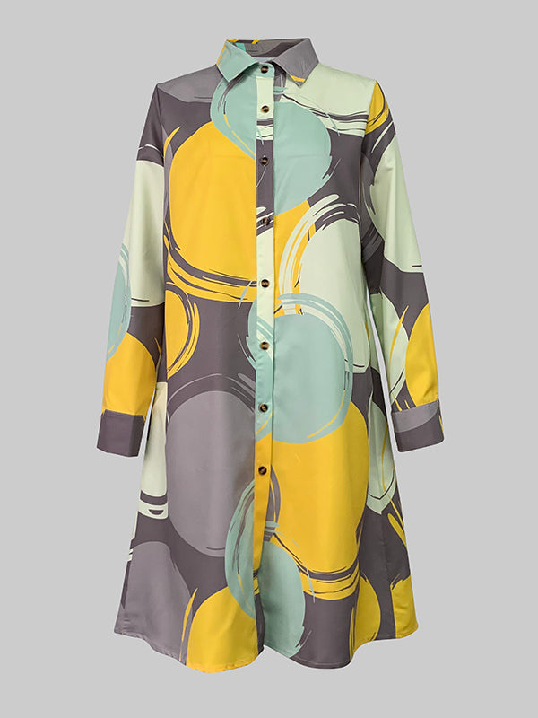 A-line Long Sleeves Buttoned Pockets Printed Lapel Midi Dresses