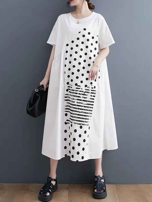 Irregularity Oversize Printed Striped Polka-dot Split-joint Round-neck Midi Dresses