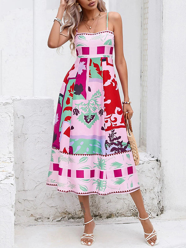 High Waisted Sleeveless Pleated Printed Split-joint Collarless Midi Dresses Slip Dress