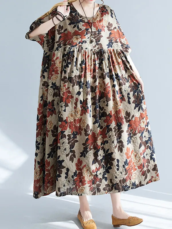 Loose Puff Sleeves Printed Round-neck Midi Dresses