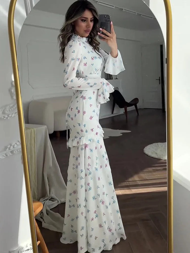Ruffle Printed Long Sleeve Long Dress ’s Contrast Color Slim Fit Lace Waist Summer Long Dress