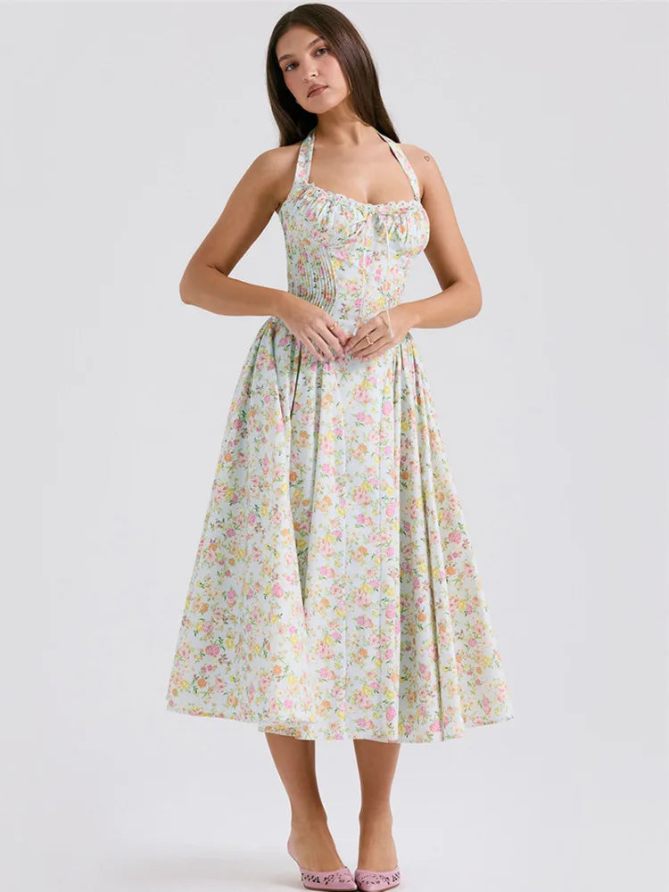 Print A-line Midi Dress for Halter Sleeveless Backless Loose Printed Long Dress New