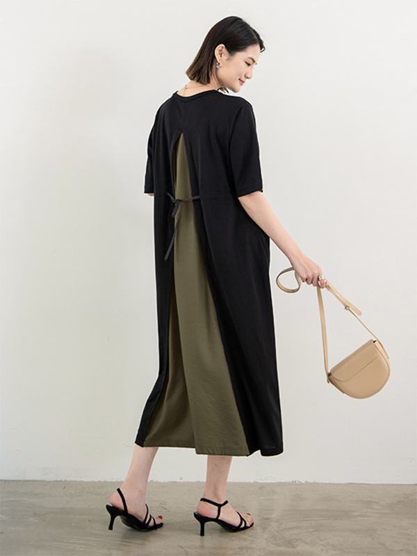 Original Half Sleeves Loose Contrast Color Split-back Round-neck Midi Dresses