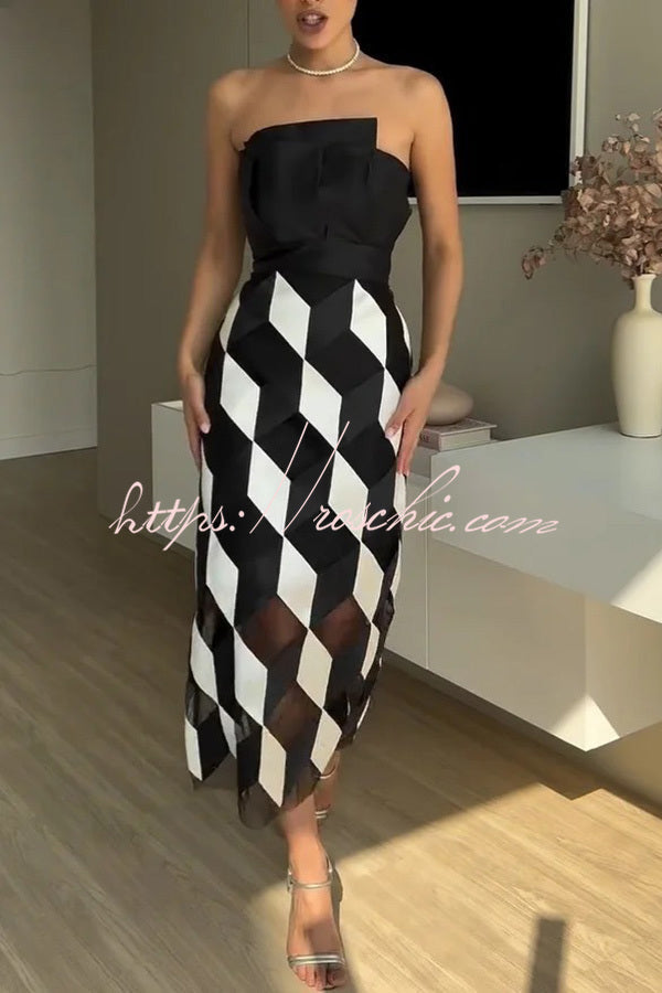 Tube Top and Backless Rhombus Contrast Midi Dress
