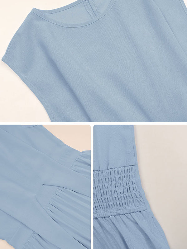 Loose Raglan Sleeve Elasticity Pleated Color Split-joint Tied Waist Round-neck Midi Dresses