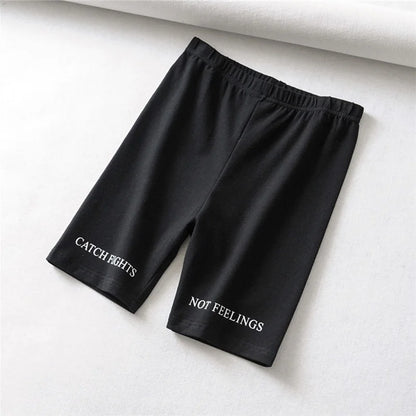 Summer Biker Shorts Elastic Waist Skinny Fitness Korean Letter Print Black Shorts Pantalones Black