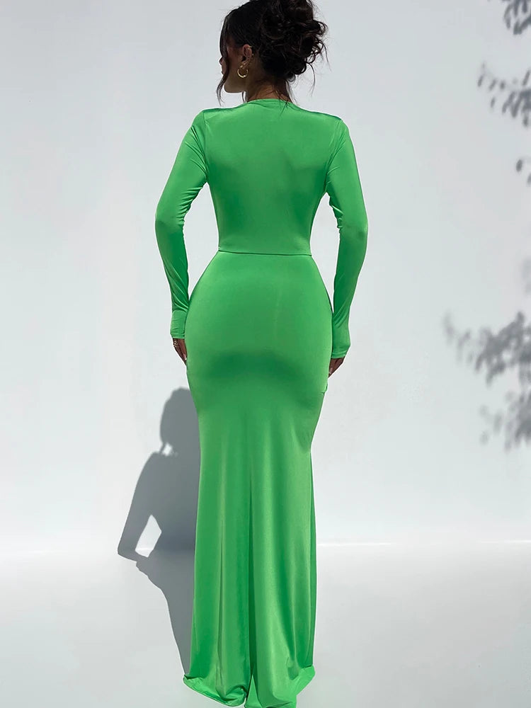 Deep V Long Sleeve Bodycon ’s Dress Slim Fit Lace Up High Split Female Maxi Dress Party Club Evening Dress