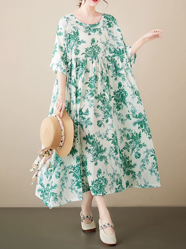 Loose Short Sleeves Printed Pleated Split-joint Round-neck Midi Dresses