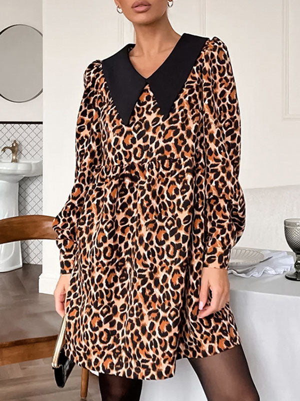 Loose Puff Sleeves Leopard Pleated Printed Split-joint Peter Pan Collar Mini Dresses Shirt Dress
