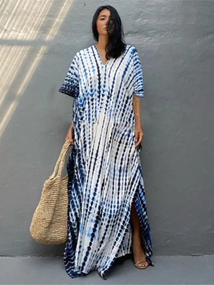 Striped Print Long Dresses V-neck Bat Sleeve Loose Slit Beach Dress Summer New Beachwear Vestidos