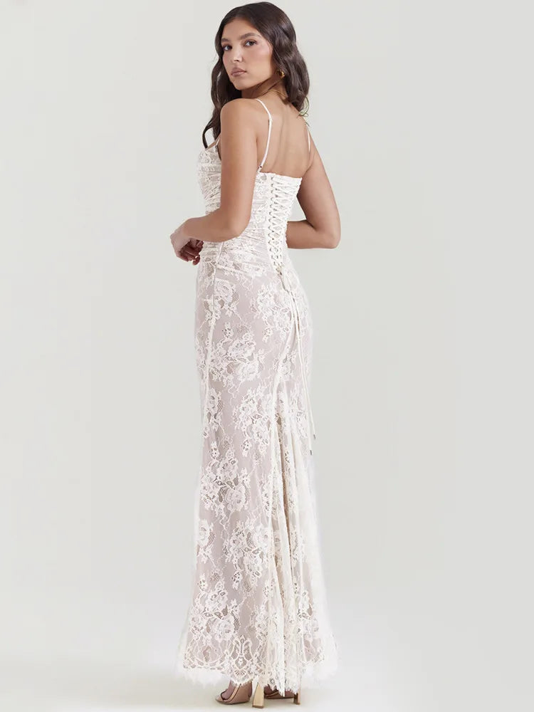Lace Print Maxi Dress Set Spaghetti Strap Long Sleeve Bodycon Club Party Long Dress