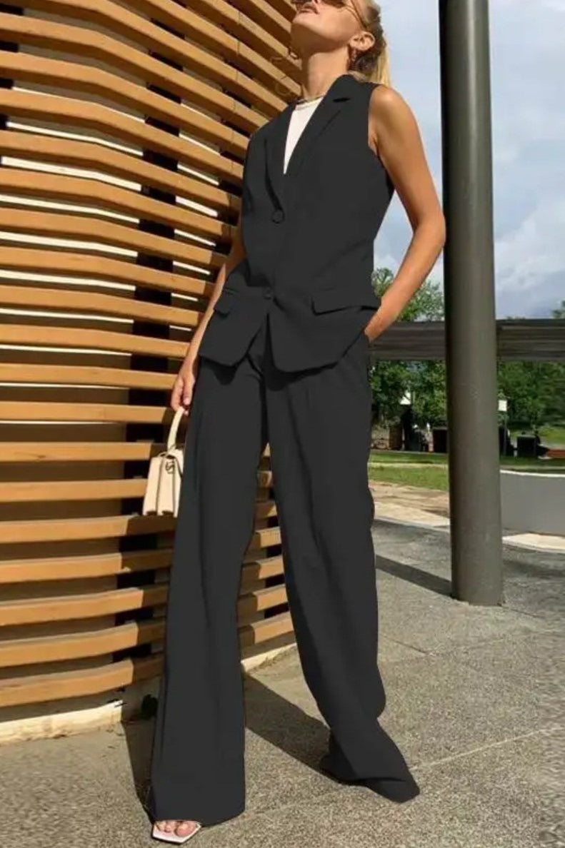 Flowy Wide-leg Pant With Matching Vest Blazer