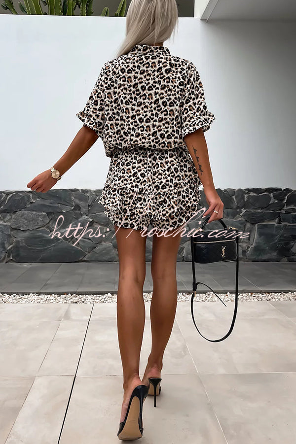 Leopard Print V-neck Short Sleeve Elastic Waist Rompers