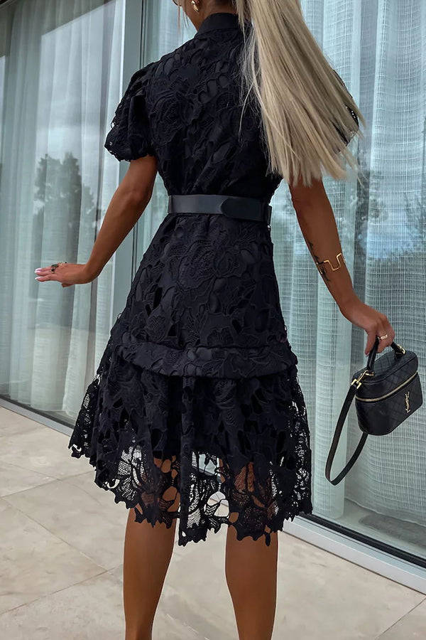 Absolutely Crochet Lace Puff Sleeve Belted Shirt Midi Dress