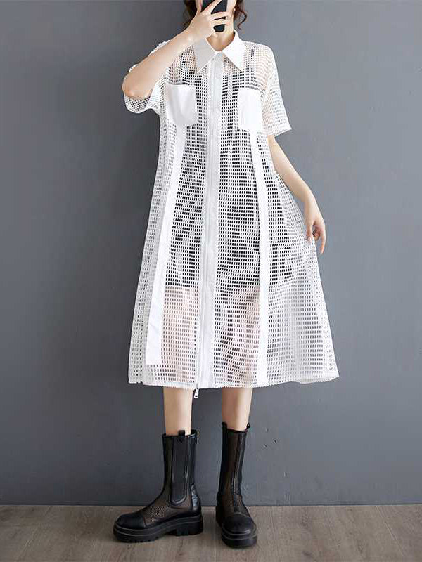 Half Sleeves Loose Hollow Color Split-joint Zipper Lapel Midi Dresses Shirt Dress