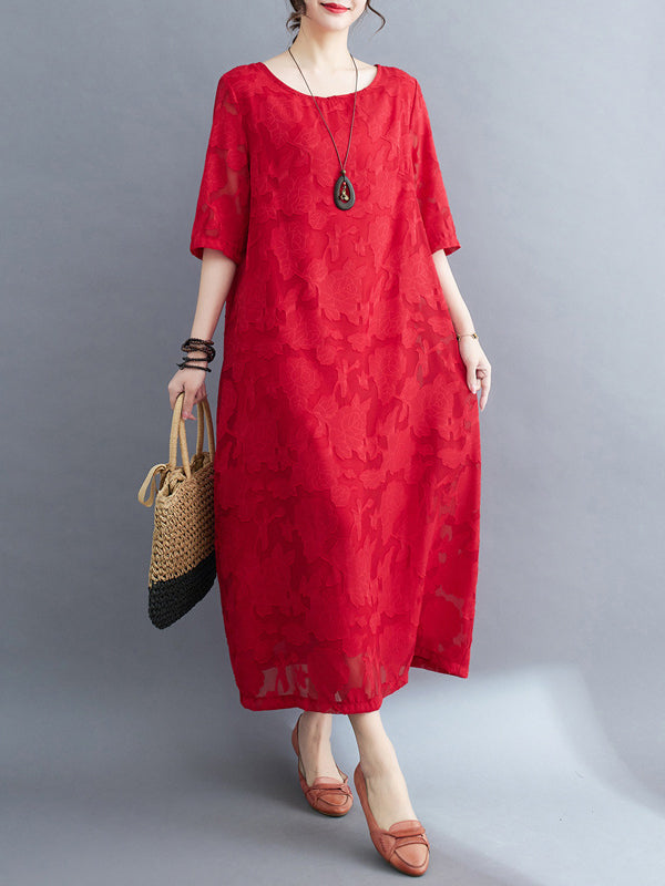 Loose Three-quarter Sleeves Jacquard See-through Color Round-neck Midi Dresses