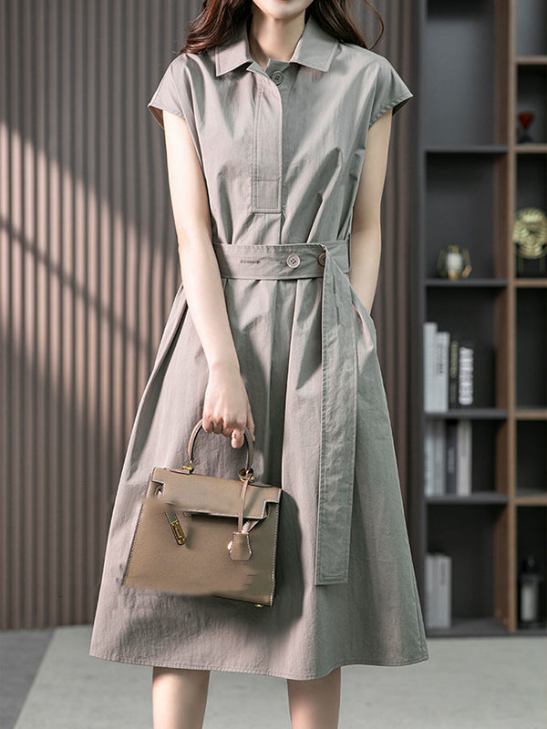 Short Sleeves Bandage Color Lapel Midi Dresses