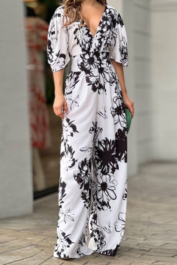 Dolman Sleeved Print Stretch High Rise Maxi Jumpsuit