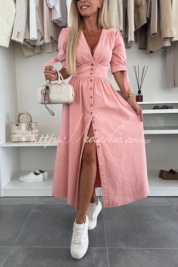 Color V-neck Button-down Denim Midi Dress