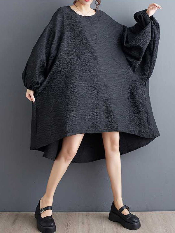 High-low Long Sleeves Elasticity Color Split-joint Round-neck Midi Dresses