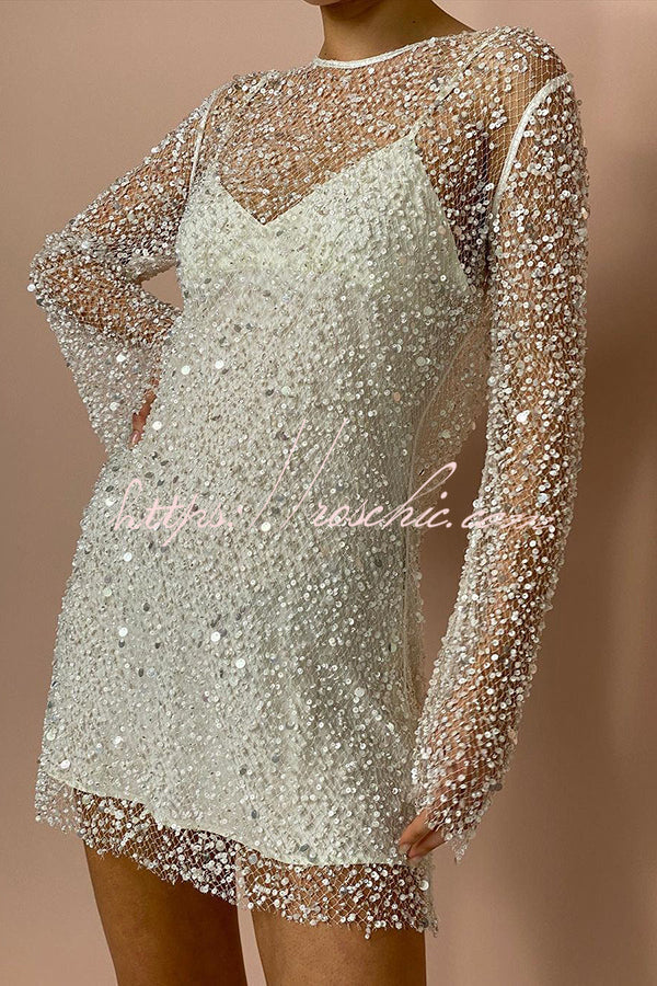 Sparkle and Shine Sequins and Pearls Fabric Mini Dress With Separate Slip