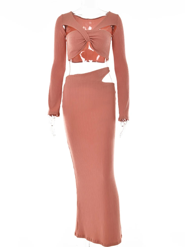 V-neck Hollow Out Maxi Dress Brown Long Sleeve Dress Female Summer Skinny Party Clubwear