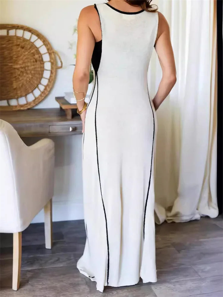 Lace-up Patchwork Loose Dress ’s Sleeveless Hollow Out Contrast Bandage V-neck Maxi Dress Female Party Dress
