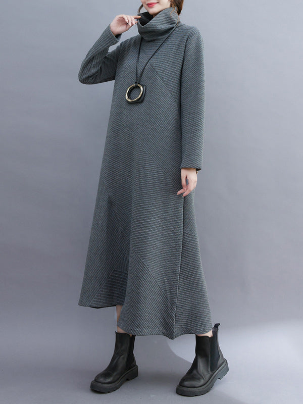 Irregularity Long Sleeves Color High-neck Midi Dresses