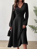 A-line High Waisted Elasticity Knot Pleated Color V-neck Midi Dresses