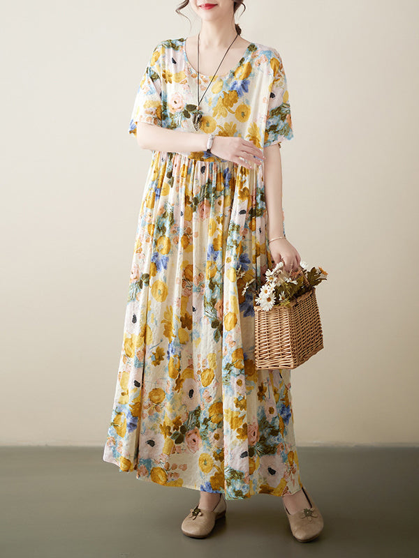 A-line Loose Printed Round-neck Midi Dresses