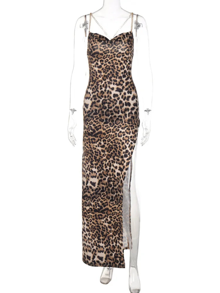 Leopard Print Chain Strap Side Slit Maxi Dress Backless Bodycon Festival Evening