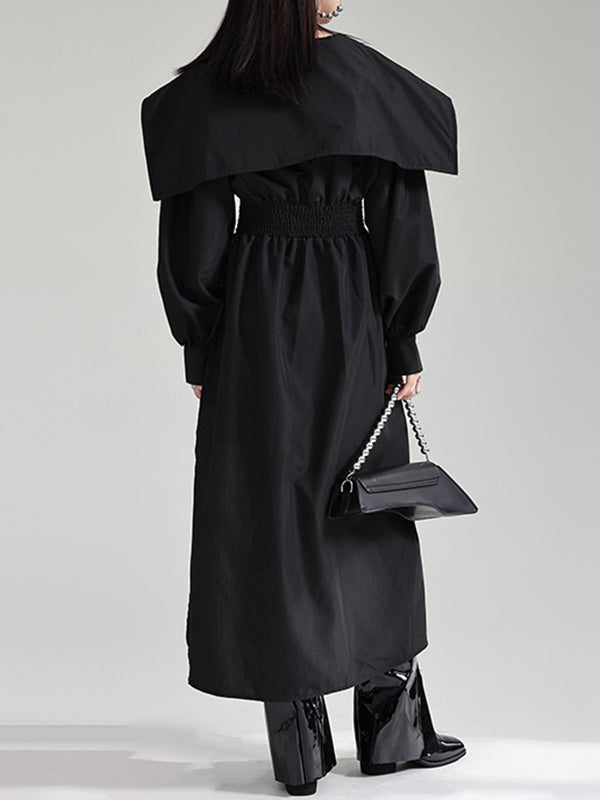High Waisted Long Sleeves Asymmetric Belted Pleated Color Lapel Midi Dresses