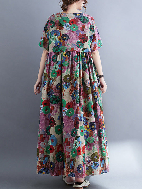 Loose Multi-colored Printed Midi Dress