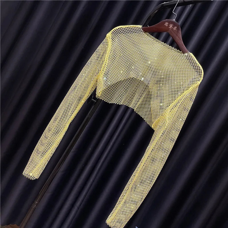 Sparkly Crystal T-shirts O-neck Hollow Out See Through Tank Tops Night Partywear Crop Shirts Tee Y2k Tops