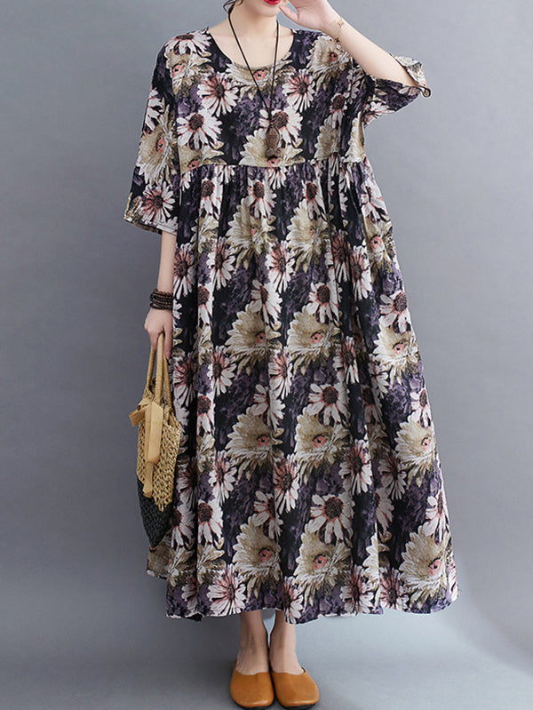 Loose Raglan Sleeve Printed Pleated Split-joint Round-neck Midi Dresses