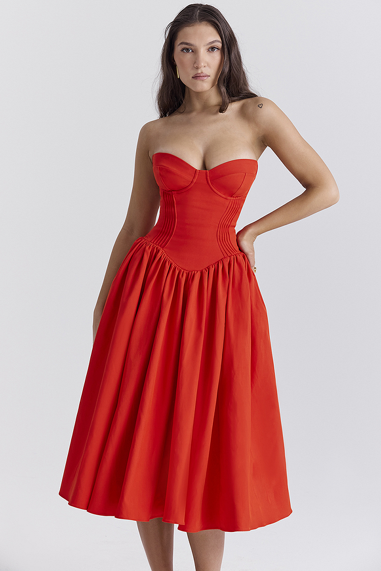 Strapless Corset Pleated Hem Prom Party Midi Dresses-red