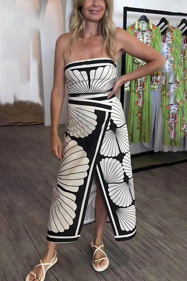 Shell Print Off-the-shoulder High Slit Slim Midi Dress