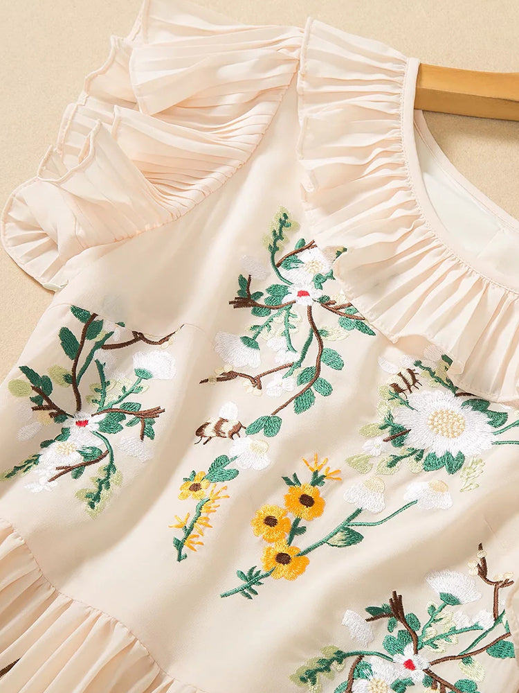 Palm Flying Ruffled Sleeve Pleated Hem Midi Dress