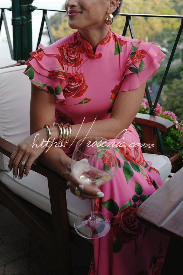 Cheongsam Style Rose Print Tiered Flare Sleeve Stretch Maxi Dress