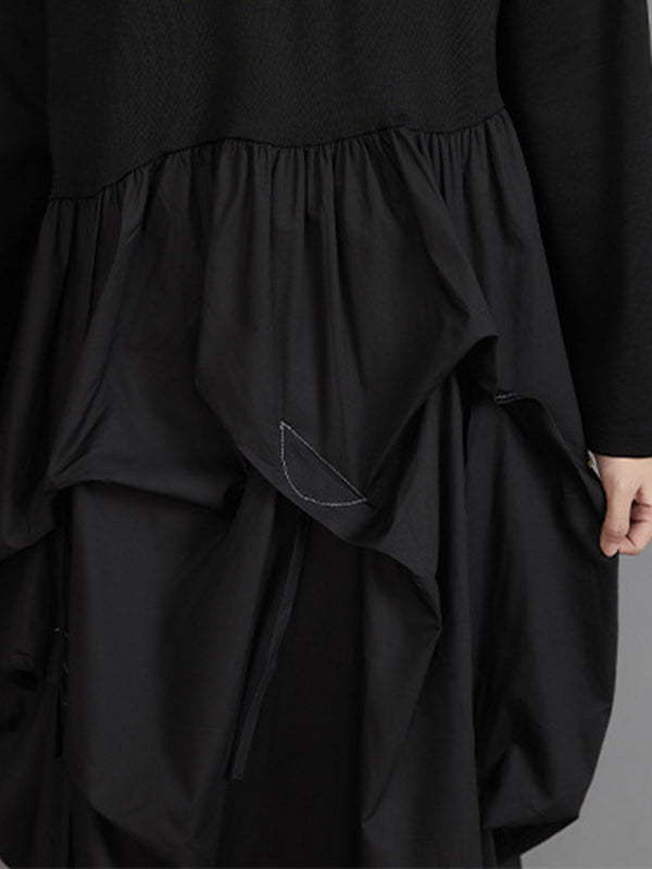 Long Sleeves Loose Split-joint Color Round-neck Midi Dresses
