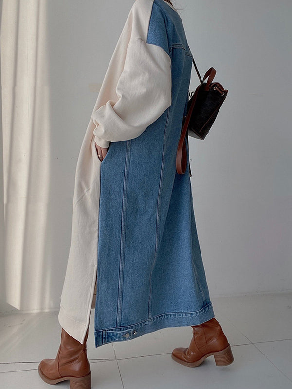 Original Loose Long Sleeves Letter Print Split-side Split-joint Round-neck Midi Dresses