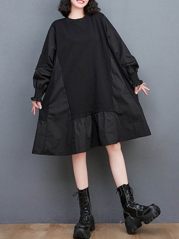 Loose Puff Sleeves Pleated Color Split-joint Round-neck Midi Dresses