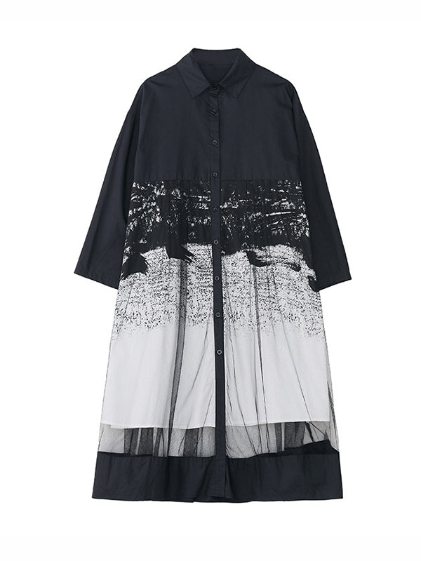 A-line Long Sleeves Buttoned Gauze Printed Split-joint Lapel Midi Dresses